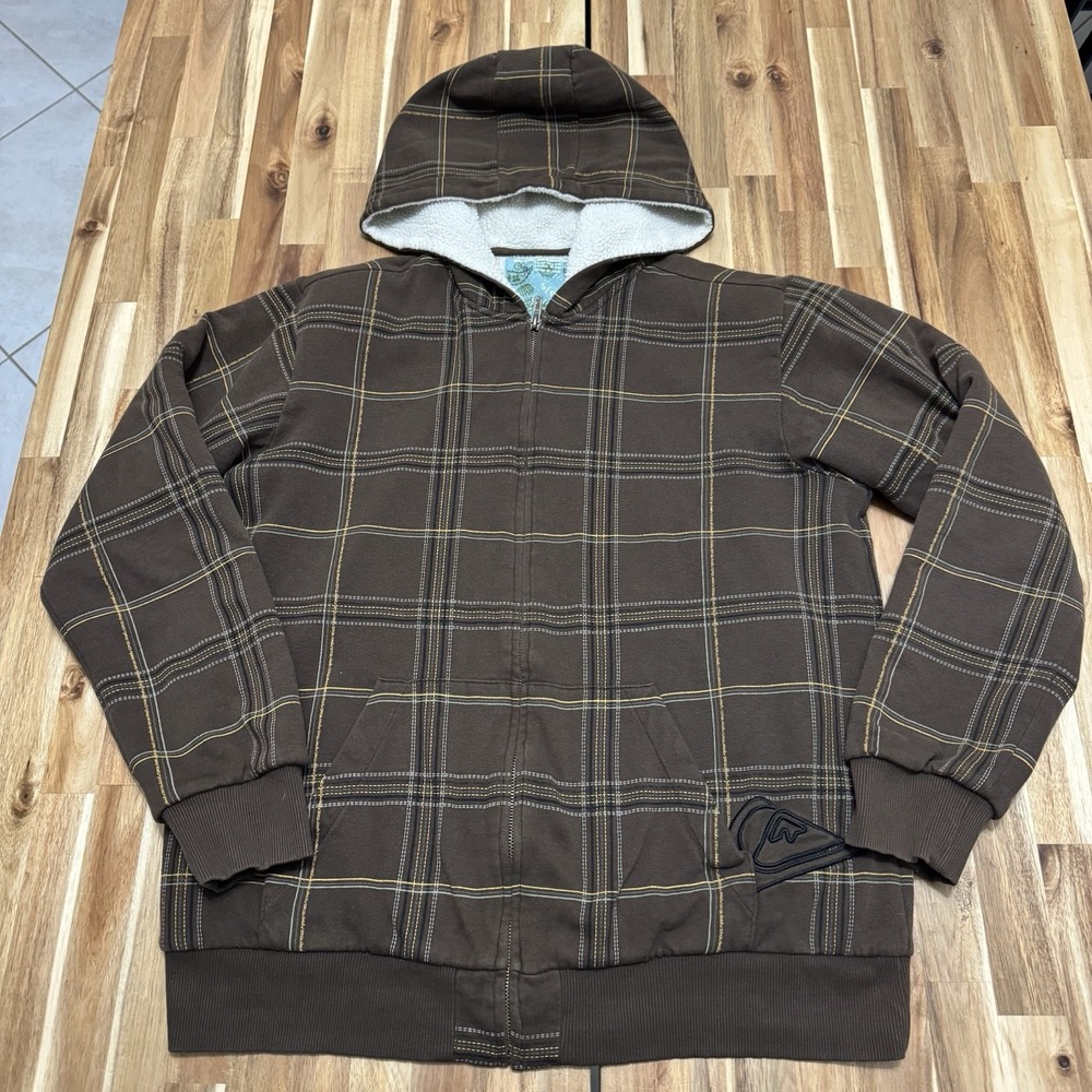 Vintage Quiksilver HoodIe Mens S Brown Plaid Oversized Lined Full Zip Surf Y2K